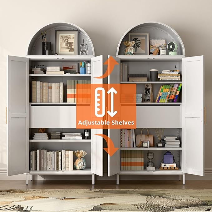 73'' Tall Metal Arched Cabinet, Modern Arch Bookcase Display Cabinet with Doors/Shelves/Internal Drawers for Home Office Kitchen Bar Living Room(White)