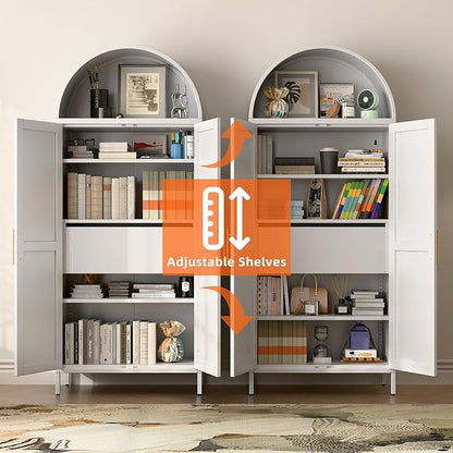 73'' Tall Metal Arched Cabinet, Modern Arch Bookcase Display Cabinet with Doors/Shelves/Internal Drawers for Home Office Kitchen Bar Living Room(White)
