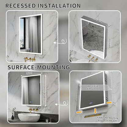 GroGro Lighted Medicine Cabinet with Mirror and Storage,24" W x 30" H LED Bathroom Medicine Cabinet with Mirror,Surface or Recessed Mounting,Defog,Dimming,3-Color Temperature,Right Opening Door
