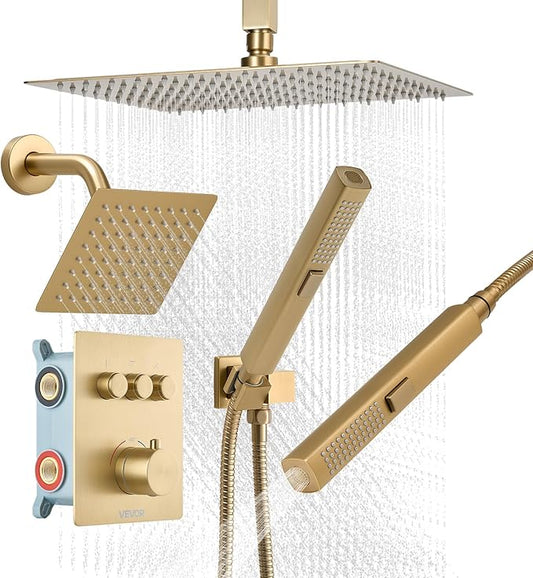 VEVOR Shower Faucet Set, 12 Inch Thermostatic Ceiling Mount Rainfall Shower System with 6 Inch Wall Mount Head and 2 in 1 Handheld Spray, 3-Function Dual Rain Head Brass Valve Trim Kit, Brushed Gold