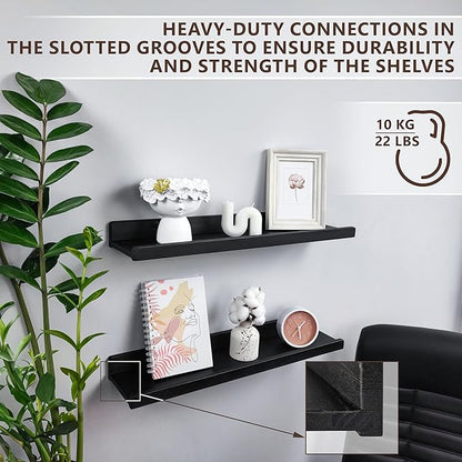 Wood Wedge Floating Shelves for Wall 24 inch, Photo & Picture Ledge, Black Modern Wall Storage Shelves with Lip, Kids Book Shelf, Shelves for Bedroom, Living Room, Bathroom, Kitchen, Set 2