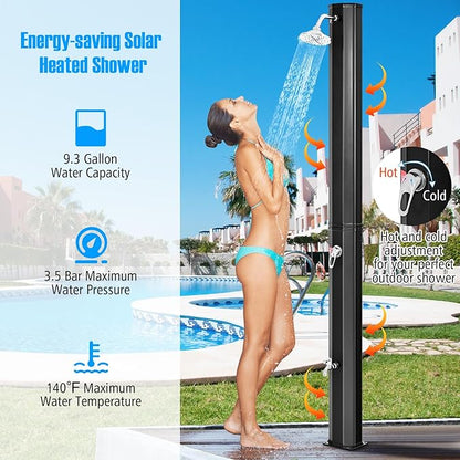 Goplus 9.3 Gallon Solar Heated Outdoor Shower, 7.2 FT Freestanding Garden Shower with 360° Swivel Shower Head, Foot Shower & Temperature Adjustment, for Poolside Backyard Beach (Black)