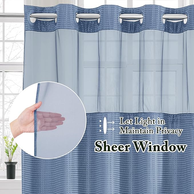 Gibelle Extra Long Shower Curtain 72x86, Waffle Weave Bathroom Shower Curtain with Snap-in Fabric Liner Set, No Hooks Needed, Hotel Style with Mesh Top Window, Moonlight Blue