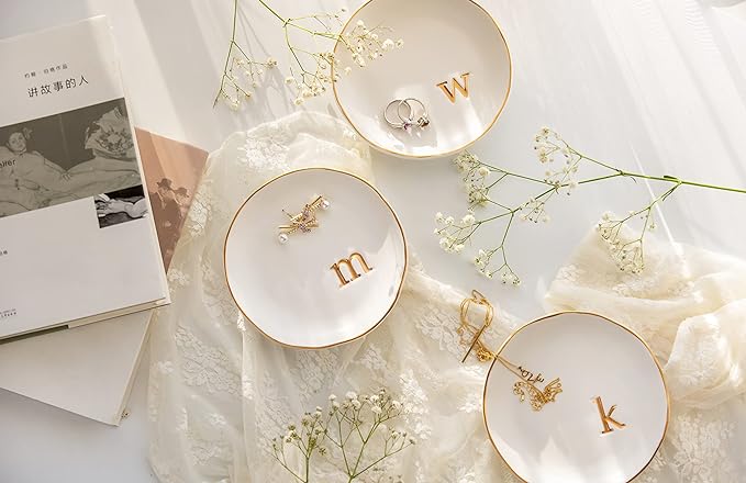 COLLECTIVE HOME - Ceramic Jewelry Tray, Decorative Trinket Dish for Rings Earrings Necklaces Bracelet Watch Keys, Birthday Mother's Day Christmas Gift for Women, 4.75", White Surface (V)