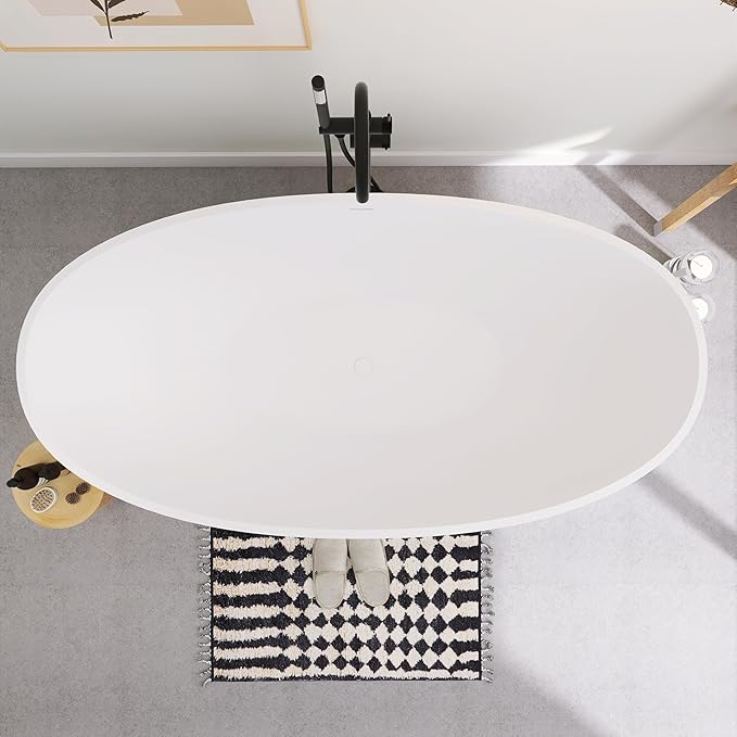 SJ STAR&JANE 71" x 35" SJ STAR&JANE Solid Surface Freestanding Bathtub Stone Resin Oval Soaking Tub Stand Alone Tub with Pop-up Drain & Overflow Matte White