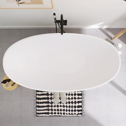 SJ STAR&JANE 71" x 35" SJ STAR&JANE Solid Surface Freestanding Bathtub Stone Resin Oval Soaking Tub Stand Alone Tub with Pop-up Drain & Overflow Matte White