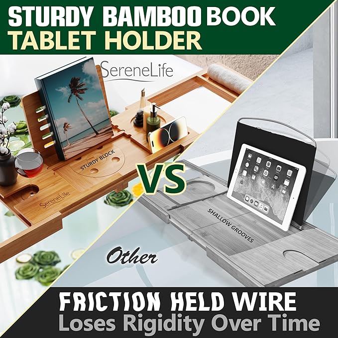 SereneLife Bamboo Bath Caddy with Fold and Lock Design - 30” to 43” Expandable Bathtub Tray, Easy Storage Folding Hinges