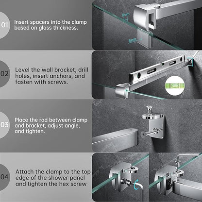 Frameless Shower Door Support Bar, Stainless Steel Wall-to-Glass Support Arm to Fixed Shower Glass Panel, for 1/4"-3/8" (6-10 mm) Door, 180° Pivot & Stow-Flat Mode (Chrome, 31.5-inch(800mm))