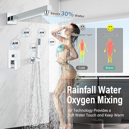 Shower Faucet Polished Chrome Shower System with 8 Inches Rain Shower Head and Handheld Spray Bathroom Luxury Rain Shower Faucet Set Complete Wall Mounted