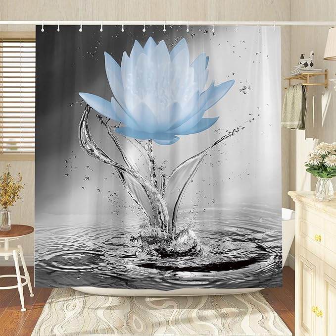 Lotus Shower Curtain Black White Grey Blue Flower Elegant Blooming Floral with Dew Spring Flower Reflection on Water Modern Romantic Polyester Fabric Bathroom Decor 36×70 Inch with Hook