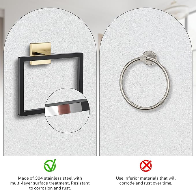 2-Piece Black Gold Towel Ring,Hand Towel Holder,Modern Towel Holder Stainless Steel Towel Rack Wall-Mounted Bathroom Towel Ring