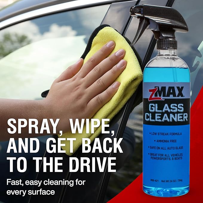 zMAX Glass Cleaner, 24 oz - Safe on All Auto Glass, Chrome Finishes, Mirrors, Windows, and Windshield - Streak-Free, Non-Abrasive, & Ammonia Free Window Cleaner for All Vehicles, Powersports, & Boats