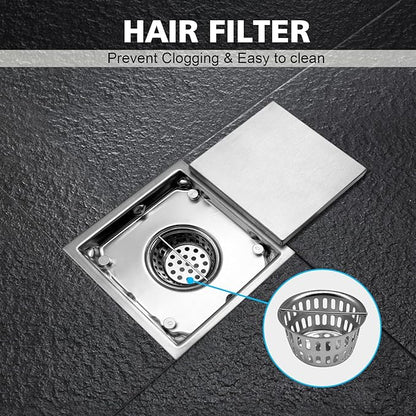 4 Inch Square Shower Drain with Flange, Removeable Grate SUS 304 Stainless Steel Shower Drain with Hair Catcher (Brushed Nickel-1, 4 Inch)