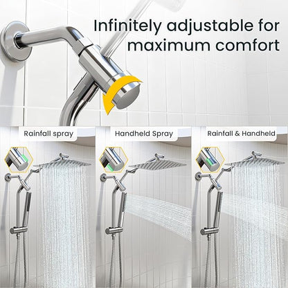 Veken 10" Luxurious All Metal Rain Shower Head with Handheld, High Pressure Rainfall Shower Heads wih Extension Arm, Wide Dual Showerhead with Spray Combo, Bathroom Accessories, Chrome, Silver