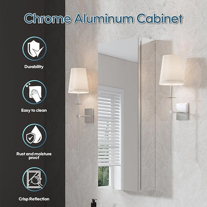 WELLFOR 12" x 30" Bathroom Medicine Cabinet, Anodized Chrome Aluminum Frame, Medicine Cabinet with Adjustable Glass Shelves, Bathroom Cabinet with Reverse Door Installation, Surface or Recessed Mount