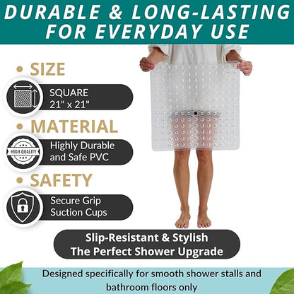 ENKOSI Square Shower Mat – 21 x 21 Inch Non-Slip Bathroom Shower Stall Mat with Suction Cups and Drain Holes – Anti-Slip Shower Mats for Inside Shower - Square Bathmat (21x21 Clear)