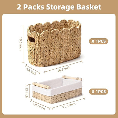Toilet Paper Basket, 2 Packs Toilet Paper Storage Basket, Hand-Woven Wicker Bathroom Basket Organizer and Storage, Natural Water Hyacinth Slim Scalloped Basket Magazine Basket
