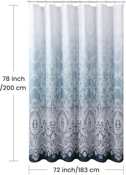 78 Inch Long Shower Curtain - Chantilly Lace Design, Heavyweight Polyester, Storm Blue to White Ombre, 72" W x 78" H