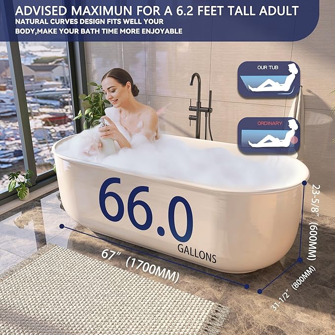 67" Acrylic Free Standing Tub, Stand Alone Tub, Freestanding Bathtub, Soaking Bathtub, cUPC Certified, CY(Glossy White)