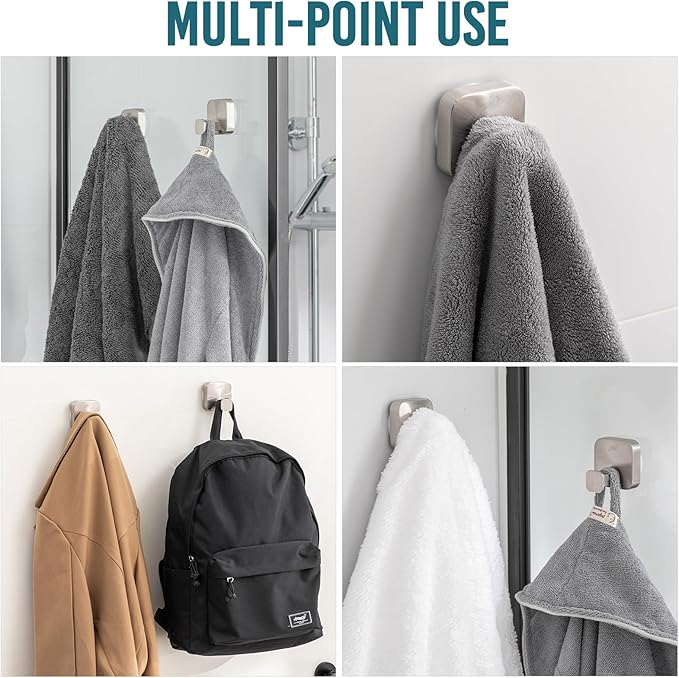TAILI Thickened 304 Stainless Steel Bathroom Suction Hook for Towel, Loofah, Bathrobe, Patented Strong Suction Cup Holder, Damage-free Hanging Glass Shower Wall Hook, Hold Up to 11 Lbs, 2 Pack, Silver