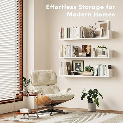 Wall Bookshelf, Set of 3, 36 Inches U Shaped Wall Shelves, Long Deep Floating Shelves, Large Floating Book Shelves - Wood Hanging Bookshelves for Kitchen, Bedroom