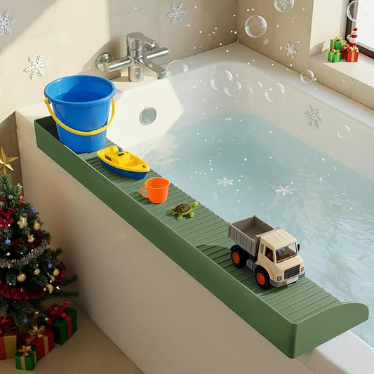Roslim Bathtub Splash Guard for Tub - Silicone Bath Ledge for Toddlers, Tub Play Shelf for Kids with Suction Cups, Bathtub Side Tray for Bath Toys, Bathroom Accessories for Toddlers, Olive Green