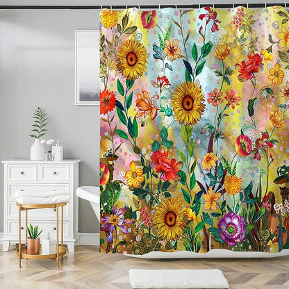 Bohemian Shower Curtain, Boho Floral Print Water Repellent Polyester Fabric for Bathroom Decor, 72×72 Inch Standard Size with 12 Hooks, Also as Room Divider