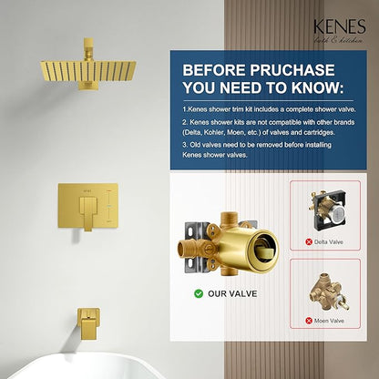 KENES Brushed Gold Tub and Shower Trim Kit, Square Tub Shower Faucet Set Complete with 10-Inch Rainfall Shower Head and Tub Spout, KE-6024A-4 (Shower Valve Included)