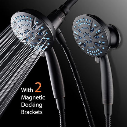 AquaCare Magneton High-Pressure 8-mode Handheld Shower Head with Magnetic Guidance Docking System - 2 Magnetic Brackets, 5 inch Face, Hygienic Jets, 6 ft. Stainless Steel Hose/ORB Finish