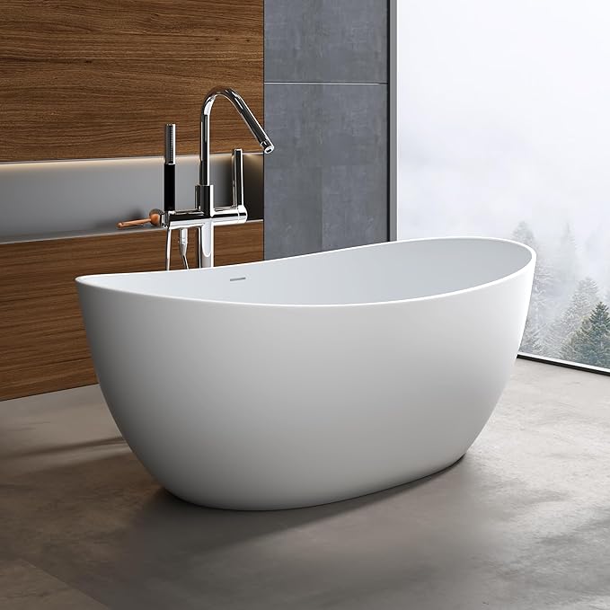 65'' Freestanding Solid Surface Resin Stone Bathtub, Freestanding Tub, Contemporary Design Stand Alone Tub with Pop-up Drain and Overflow, cUPC Certified, Matte White (Oval)…