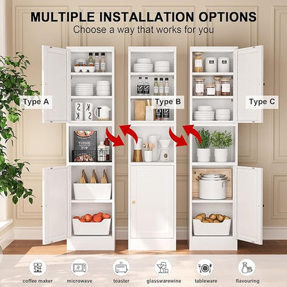 Tall Narrow Storage Cabinet,Metal Pantry Cabinet with Ajustable Shelves Open Countertop, Slim Sideboard for Small Spaces, Living Room, Kicthen, Dining Room, White
