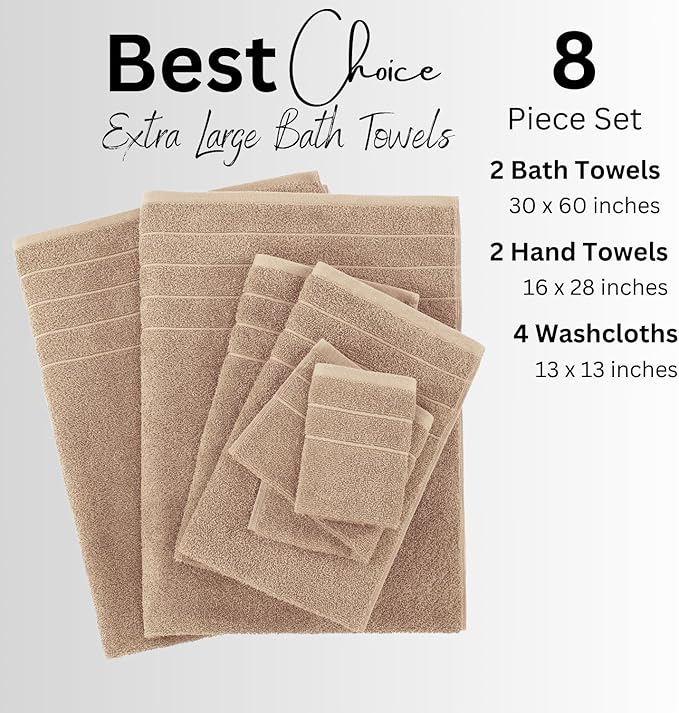 Casa Platino 100% Cotton 8 Piece Bath Towel Set - Ring Spun, Quick Dry, Super Soft & Highly Absorbent - 2 Bath, 4 Washcloths, 2 Bathroom Hand Towels - Hotel Quality Bathroom Towel Set - Beige