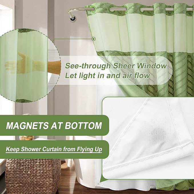 No Hooks Stall Fabric Shower Curtain with Snap in Liner- Water Repellent Tufted Chevron Striped Shower Curtains for Bath Tubs, Narrow Hotel Quality Bath Curtain Set, 36Wx74H, Sage Green