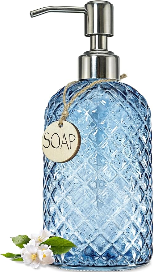 JASAI 18Oz Gem Patterned Glass Soap Dispenser for Kitchen, Refillable Hand soap Dispenser with Rust Proof Stainless Steel Pump, Clear Soap Dispenser Bathroom for Dish Soap, Hand soap, Lotion(Blue)
