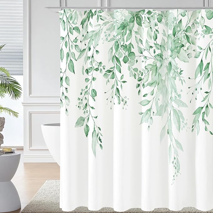 Gibelle Long Shower Curtain 72 x 78, Tall Mint Green Floral Shower Curtain for Bathroom, Watercolor Plant Eucalyptus Leaves Fabric Shower Curtain Set