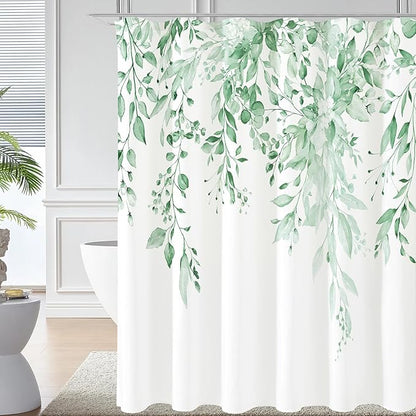 Gibelle Extra Long Shower Curtain 72 x 84, Tall Mint Green Floral Shower Curtain for Bathroom, Watercolor Plant Eucalyptus Leaves Fabric Shower Curtain Set