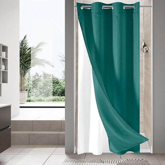 MitoVilla Dark Green Waffle Small Stall Shower Curtain Liner Set 36 x 74, No Hooks Required Half Size Narrow Fabric Cloth Shower Curtain Set with Snap-in Liner for Modern Bathroom Decor, Seaweed Green