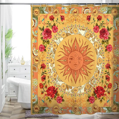 Bohemian Shower Curtain, Boho Floral Print Water Repellent Polyester Fabric for Bathroom Decor, 72×72 Inch Standard Size with 12 Hooks, Also as Room Divider