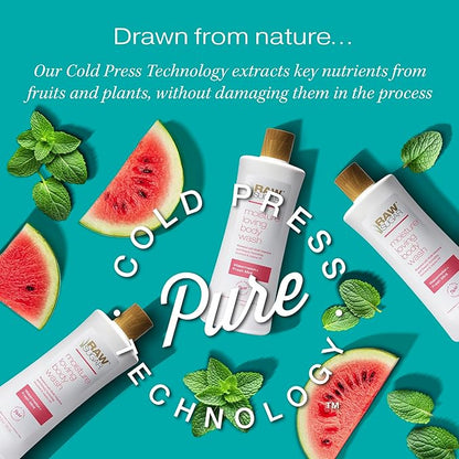 RAW SUGAR Moisture Loving Body Wash - Watermelon + Fresh Mint, Moisturizing & Refreshing Bath & Shower Gel, Sulfate-Free, Paraben-Free & Vegan (Pack of 3)