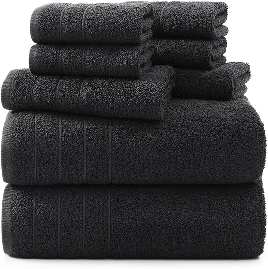 Casa Platino 100% Mercerized Cotton Luxury Bathroom Towels Set - 8 Piece - Ring Spun - 2 Bath, 4 Washcloths, 2 Hand Towels - Remains Soft & Absorbent Even After Multiple Washes - Midnight Black