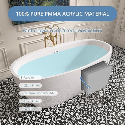 67" Free Standing Tub, Pure Acrylic Freestanding Bathtub, Stylish Stand Alone Tub, Contemporary Deep Soaking Bath Tub, cUPC Certified (Glossy White)