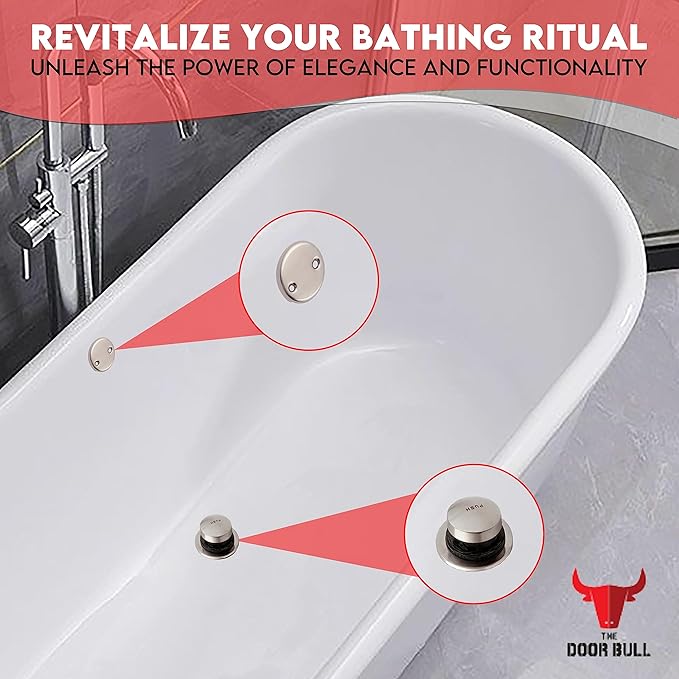Tip-Toe Bathtub Drain Trim Kit with Two-Hole Overflow Faceplate – All Brass Tub Drain Stopper Replacement – Fits Fine or Coarse Thread Drain Shoe – Universal Tub Drain Assembly