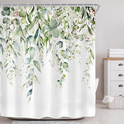 Riyidecor Sage Green Eucalyptus Shower Curtain,Fabric Cloth Bathroom Curtains,Leaves Plants Spring Floral Botanical Leaf Nature Watercolor Bath Shower Curtains Decor Set 72x72 Inch