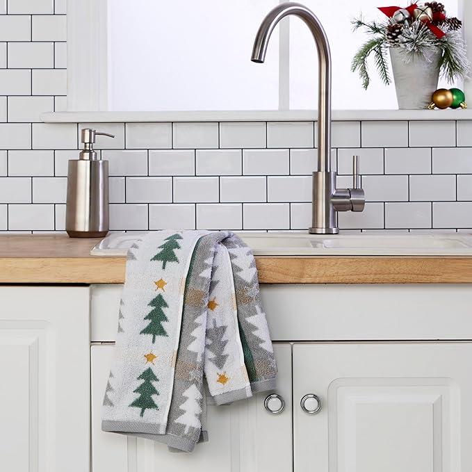 SKL Home Christmas/Winter Multi Trees 100% Cotton Premium 2-Piece Hand Towel Set, 500 GSM, Reversible Jacquard, Soft & Absorbent, Decorative for Bath/Kitchen/Bar, Multi