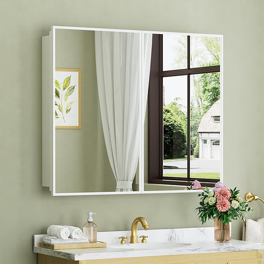 Buruis 36" x 30" Framed Medicine Cabinet with Mirror, Recessed or Wall Mounted Bathroom Cabinet, Adjustable Tempered Glass Shelves, Left/Right Open Reversible, No Assembly Required, White