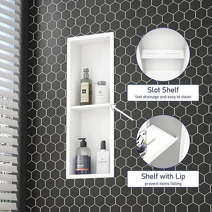 Stainless Steel Shower Niche 8"×24" White Double Shelves No Tiled Needed Niche Shower for Wall Recessed Shower Shelf for Bathroom Storage
