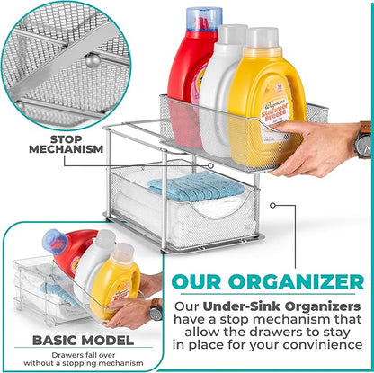 Sorbus 2 Tier Metal Under Sink Organizer for Bathroom, Kitchen, Strong Steel Mesh Sliding Drawers for Under Sink, Under Cabinet, Closet, Kitchen, Pantry, Bathroom Organizers and Storage (Silver)