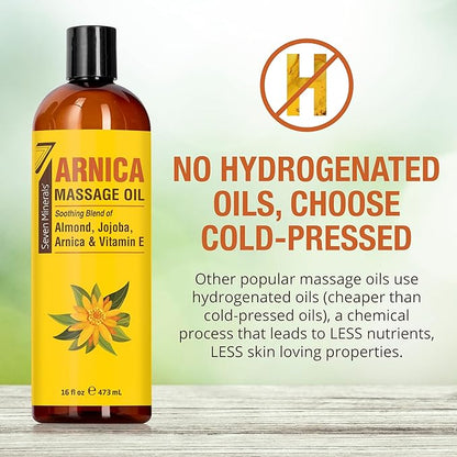 Seven Minerals Arnica Sore Muscle Massage Oil for Massage Therapy - Big 16 oz - Ideal for Professional or at-Home Body Massage. Soothing Natural Blend of Almond, Jojoba & Vitamin E