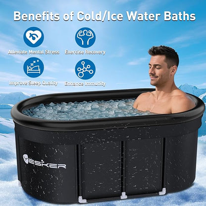 Yesker 110 Gal Oval Ice Bath Tub with Air Ring, Portable Multi-Layered Cold Plunge Tub with Lid for Athletes, Foldable and Inflatable, One Person Hot Bathtub at Gym, Yard, Home, Outdoors Use