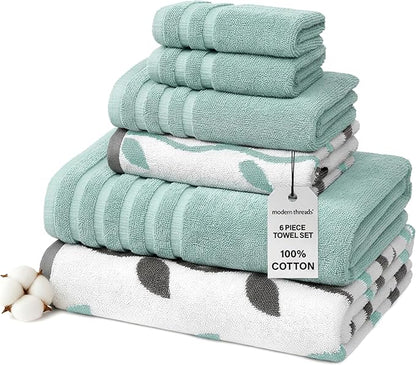 Modern Threads Organic Vines 6-Piece 100% Cotton Towel Set – Yarn Dyed Jacquard & Solid – Includes 2 Bath Towels, 2 Hand Towels, 2 Washcloths – Absorbent, Quick Dry, Soft & Durable – Aqua